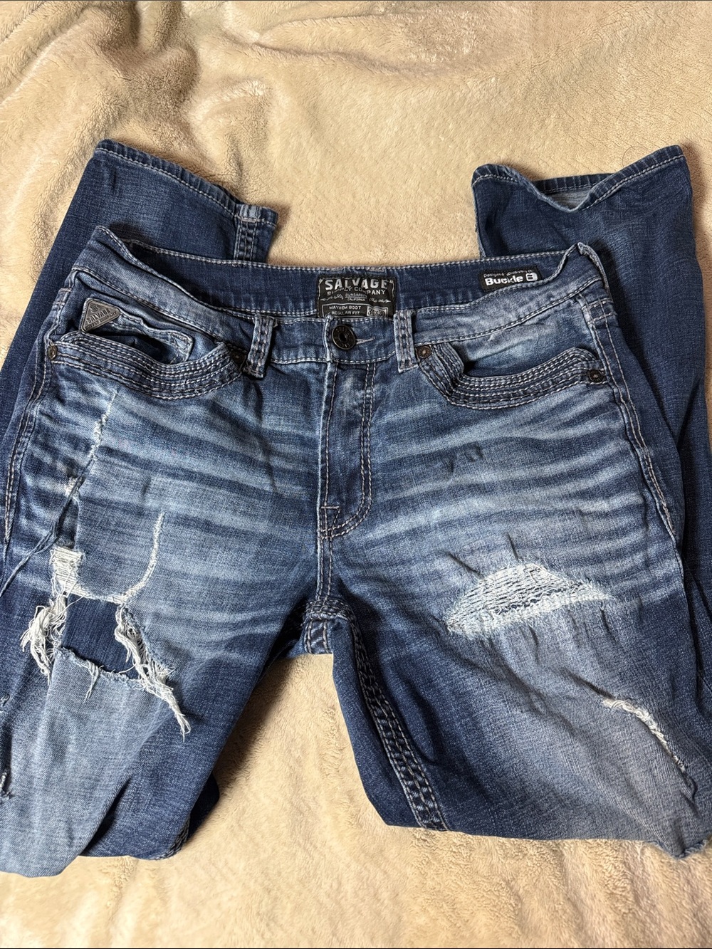 Salvage Distressed Denim Jeans in Medium Blue Wash